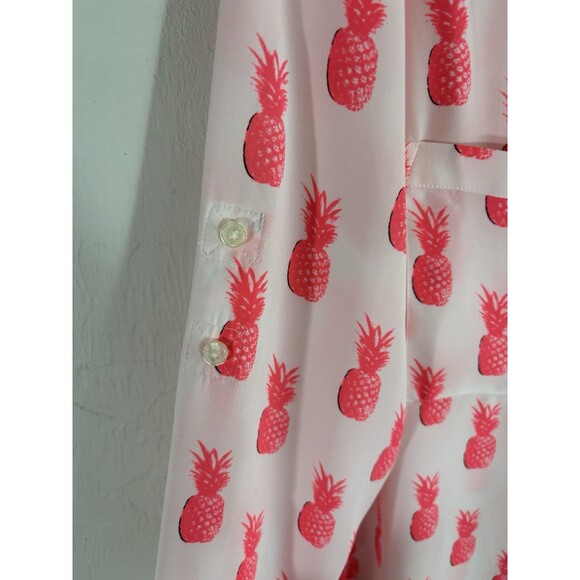 Express Women’s M  White w/ Hot  Pink Pineapples V Neck Roll Tab Button Up Shirt - Picture 8 of 8